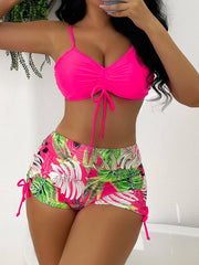 Coastal Curve High Waist Bikini Set with Drawstring Front Shorts