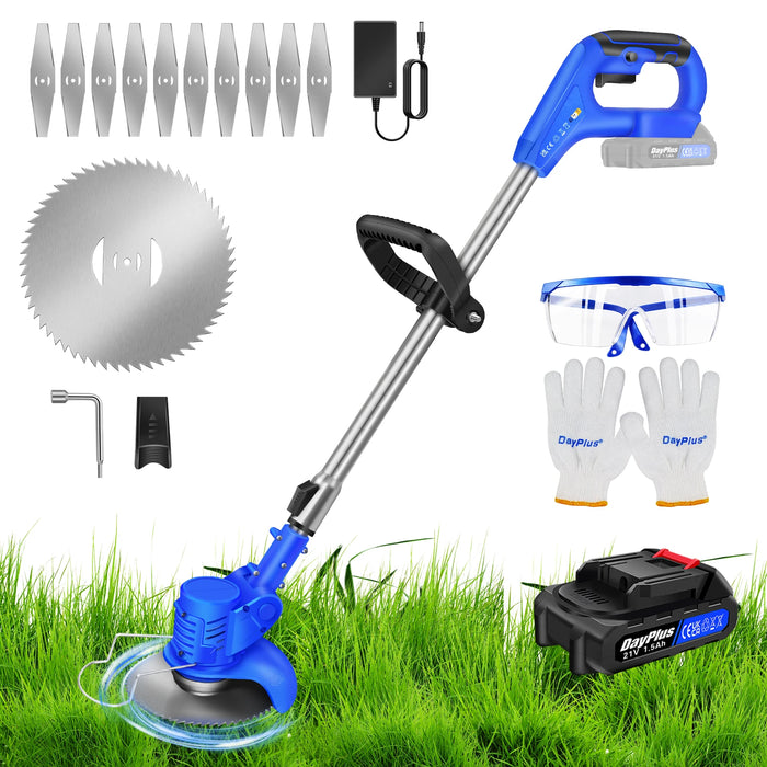 21V Cordless Strimmer Kit, Lightweight Electric Grass Trimmer with Blades & Rechargeable Batteries