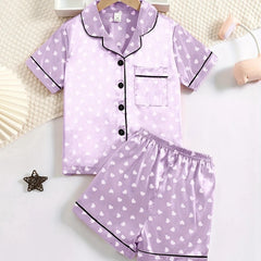 Girls’ Satin Silk Heart Print Pyjama Set – Soft Summer Sleepwear