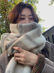 Soft Check Blanket Scarf with Tassels