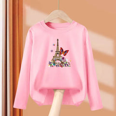 Paris Butterfly Eiffel Tower Long-Sleeve Cotton Tee for Girls