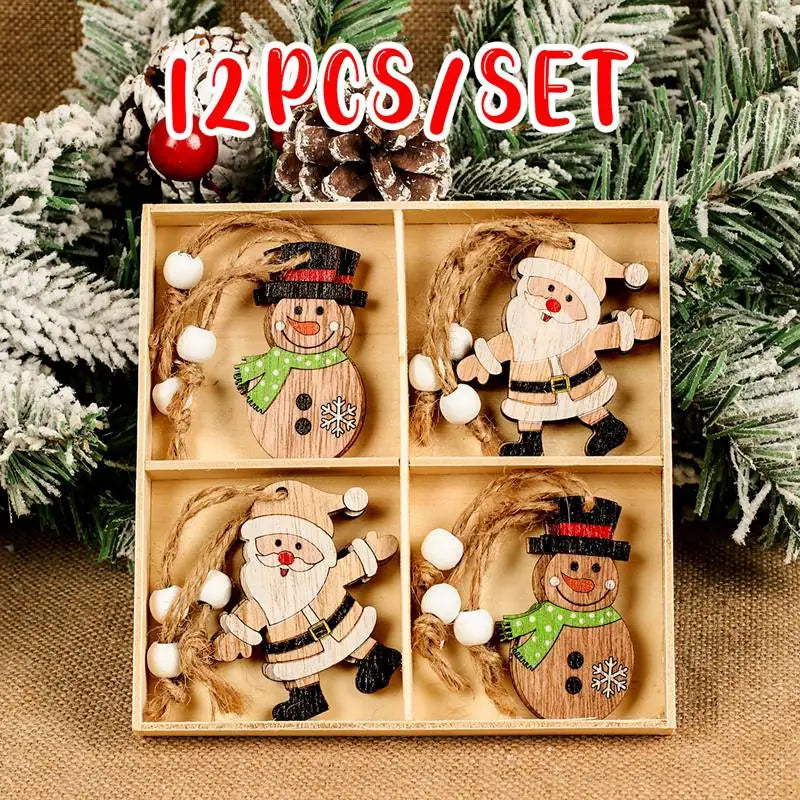 Wooden Christmas Gnome and Santa Decorations, Box of 12
