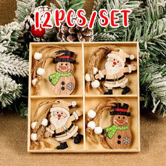 Wooden Christmas Gnome and Santa Decorations, Box of 12