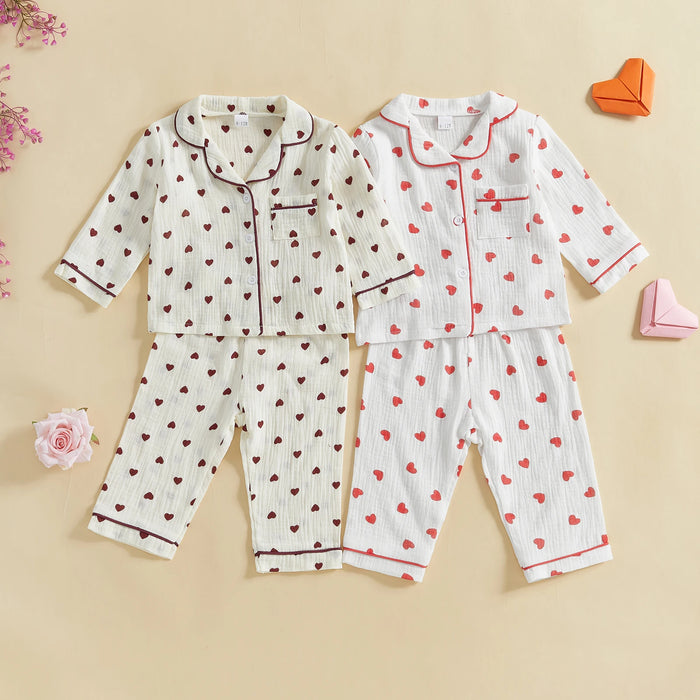 Girls’ Valentine’s Day Heart Print Pyjama Set, Long Sleeve Cotton Sleepwear