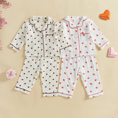 Girls’ Valentine’s Day Heart Print Pyjama Set – Long Sleeve Cotton Sleepwear