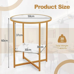GOFLAME Tempered Glass Side Table – Modern End Table with Faux Marble Shelf