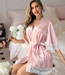 Plus Size Lace Trim Bathrobe