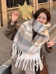 Soft Check Blanket Scarf with Tassels