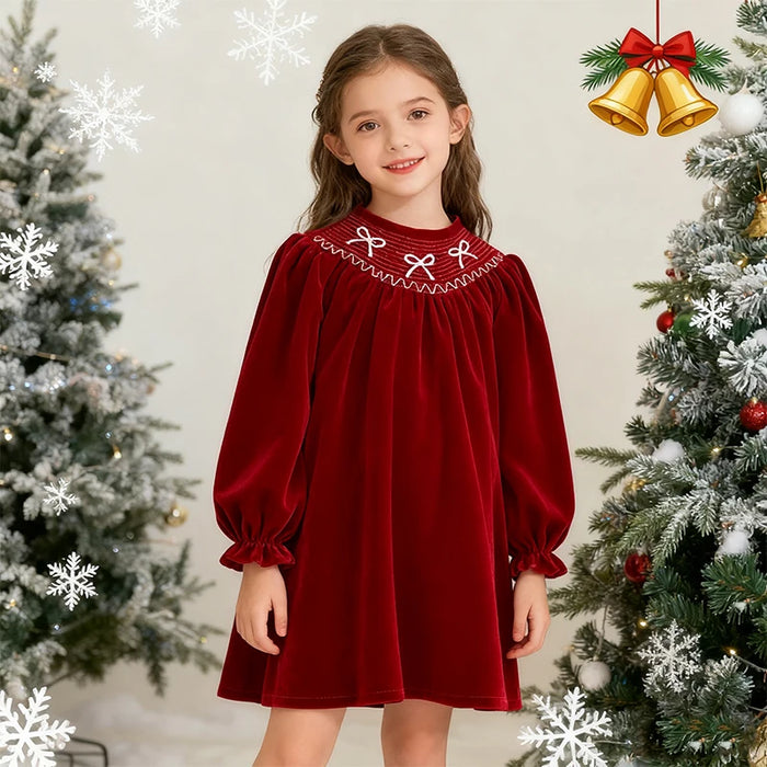 Girls' Red Bow Christmas Party Dress, alternative view