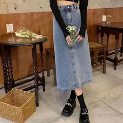Women's High-Waisted Denim Skirt – Vintage Side Slit Midi