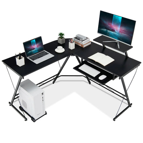 GOFLAME L-Shaped Computer Desk – Home Office Corner Workstation with Movable Stand