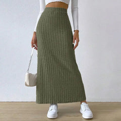 Women's Ribbed Maxi Skirt – High Waist Side Slit Slim Fit