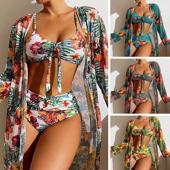 Floral Print 3-Piece Bikini Set, High Waist Swimsuit with Mesh Long-Sleeved Cover-Up (S-3XL)