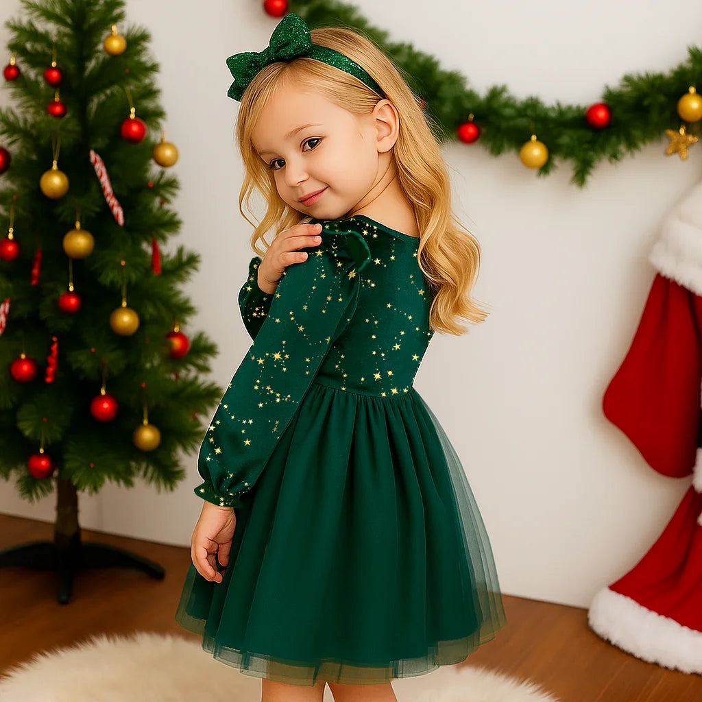 Girls' Velvet Bow Party Dress with Mesh Skirt
