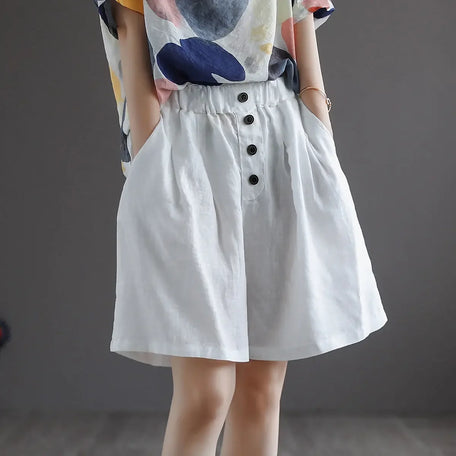 Women's High-Waisted Cotton Linen Shorts – Vintage Loose-Fit Wide-Leg