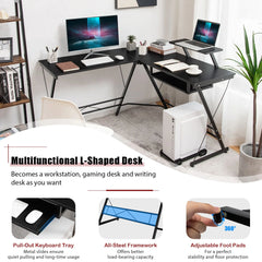 GOFLAME L-Shaped Computer Desk – Home Office Corner Workstation with Movable Stand