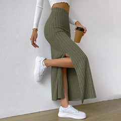 Women's Ribbed Maxi Skirt – High Waist Side Slit Slim Fit