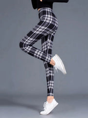 Women's High-Waisted Plaid Leggings – Push-Up Fitness & Casual Trousers