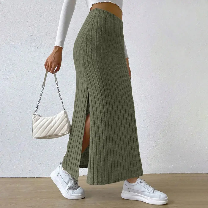Women's Ribbed Maxi Skirt, High Waist Side Slit Slim Fit, image 2
