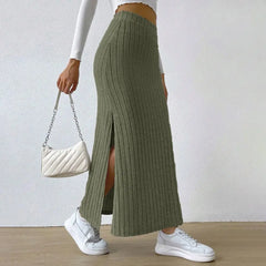 Women's Ribbed Maxi Skirt – High Waist Side Slit Slim Fit