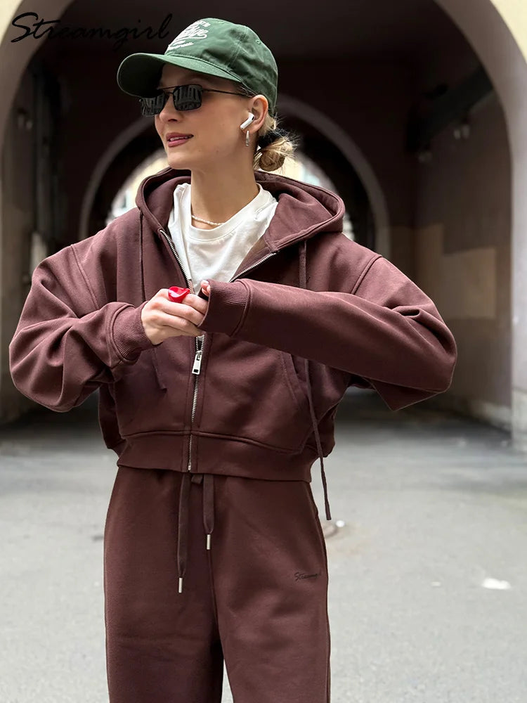 Women's Fleece Crop Hoodie and Joggers Set