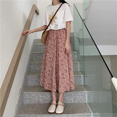 Women's Vintage Floral Midi Skirt – High Waist A-Line Pleated Skirt