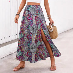 Women's Boho Floral Maxi Skirt – High Waist A-Line Holiday Skirt