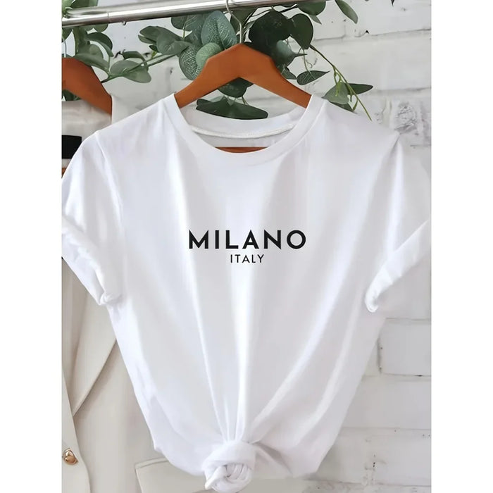 Milano Italy Letter Print T-Shirt, Casual Short Sleeve Women’s Tee, White