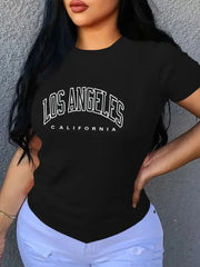 Los Angeles Letter Print Crew Neck T-Shirt – Casual Loose Fit Women’s Top