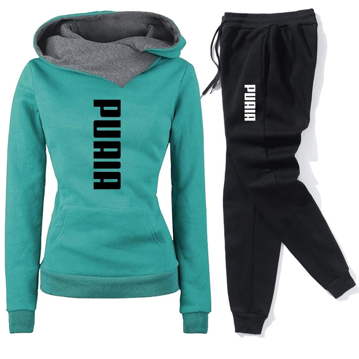 Women's Casual Tracksuit Set, Hooded Sweatshirt & Jogger Pants Outfit, Green Set