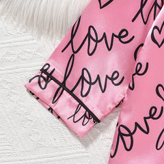 Girls’ Heart Print Pyjama Set – Long Sleeve Button-Up Sleepwear with Eye Mask