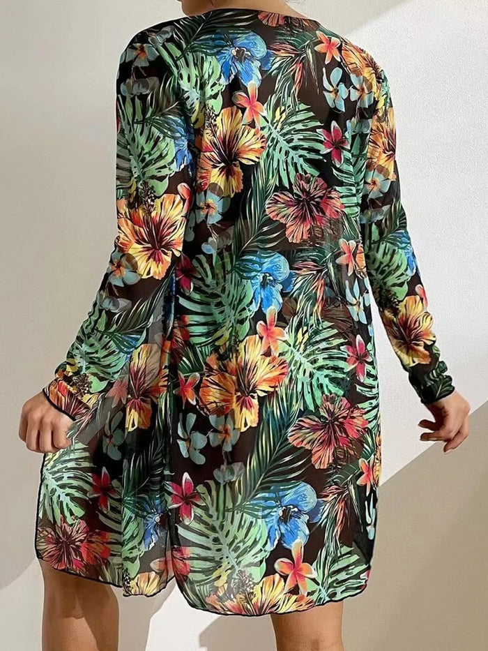 Tropical Glam 3-Piece Bikini Set, Push-Up Swimsuit with Long Sleeve Cover-Up, image 2