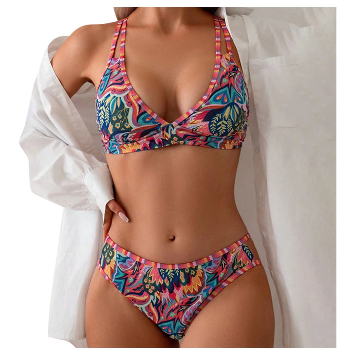Luxury Halterneck Bikini Set, Boho Printed Two-Piece Swimsuit