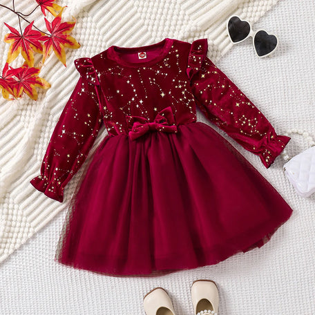 Girls' Velvet Bow Party Dress with Mesh Skirt