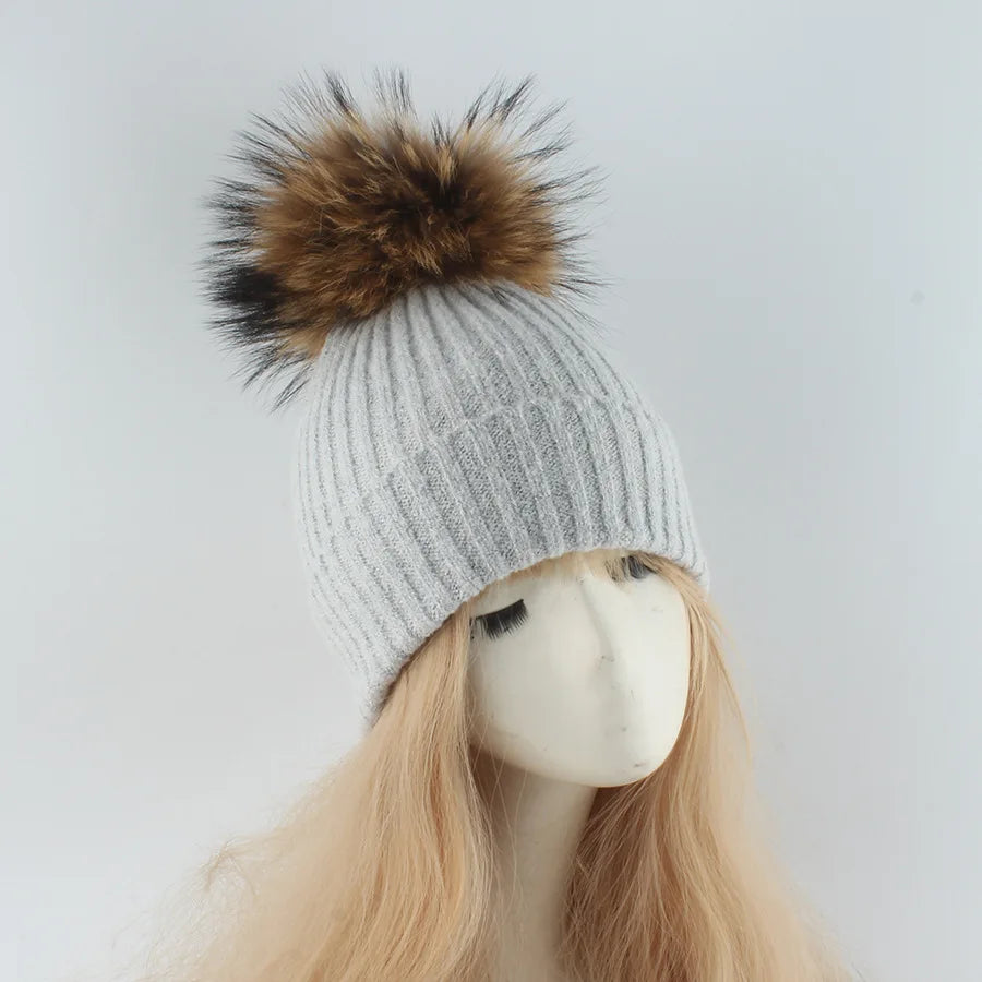 Women's Ribbed Beanie with Faux Fur Pom-Pom