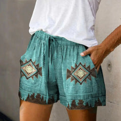 Women's High Waist Retro Print Shorts – Loose Fit with Pockets