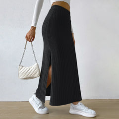 Women's Ribbed Maxi Skirt – High Waist Side Slit Slim Fit