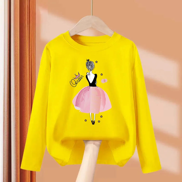 Girls’ Long-Sleeve Cotton T-Shirt, Fun Printed Spring Top, Girl-Yellow