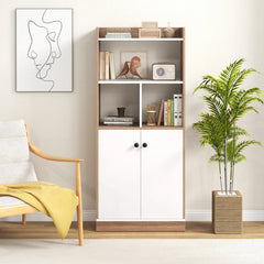 GOFLAME 3-Tier Freestanding Bookcase – Bookshelf with Double-Door Cabinet