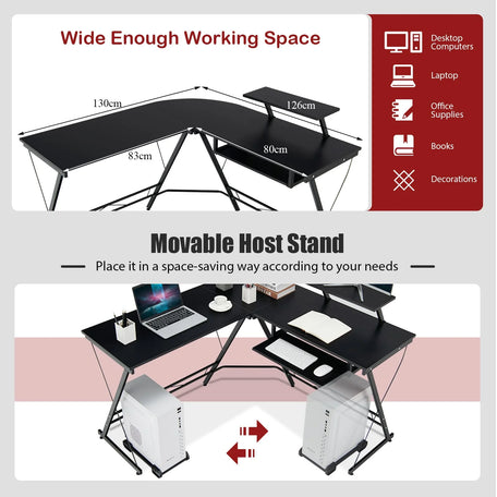 GOFLAME L-Shaped Computer Desk – Home Office Corner Workstation with Movable Stand