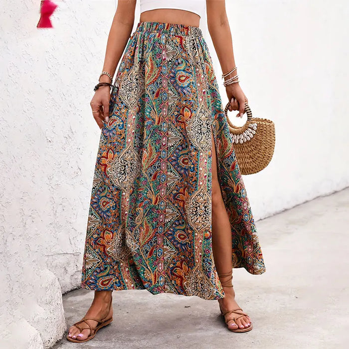 Women's Boho Floral Maxi Skirt, High Waist A-Line Holiday Skirt