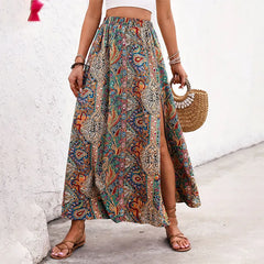 Women's Boho Floral Maxi Skirt – High Waist A-Line Holiday Skirt