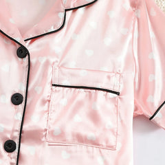 Girls’ Satin Silk Heart Print Pyjama Set – Soft Summer Sleepwear