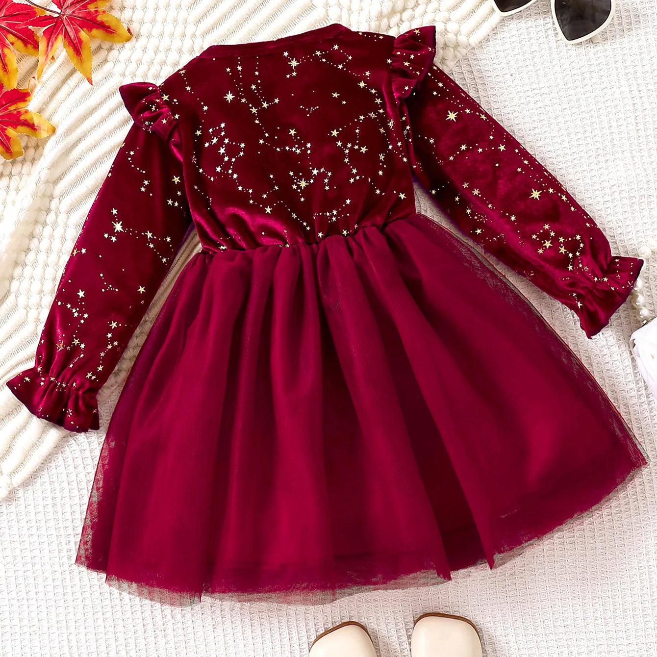 Girls' Velvet Bow Party Dress with Mesh Skirt