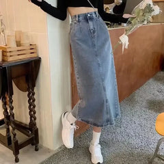 Women's High-Waisted Denim Skirt – Vintage Side Slit Midi
