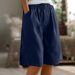 Women's Cotton Linen Capris – Loose-Fit Elastic Waist Shorts with Pockets