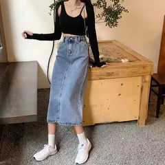 Women's High-Waisted Denim Skirt – Vintage Side Slit Midi