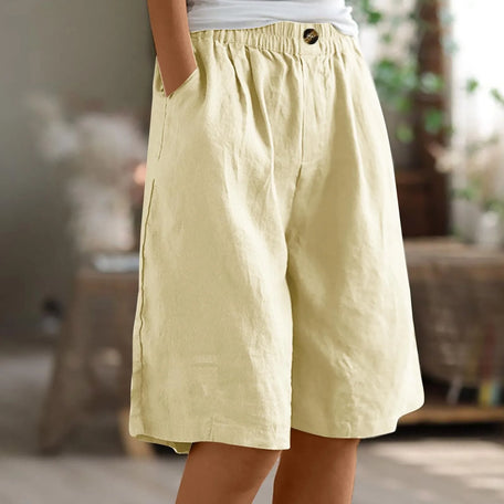 Women's Cotton Linen Capris – Loose-Fit Elastic Waist Shorts with Pockets