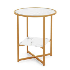 GOFLAME Tempered Glass Side Table – Modern End Table with Faux Marble Shelf