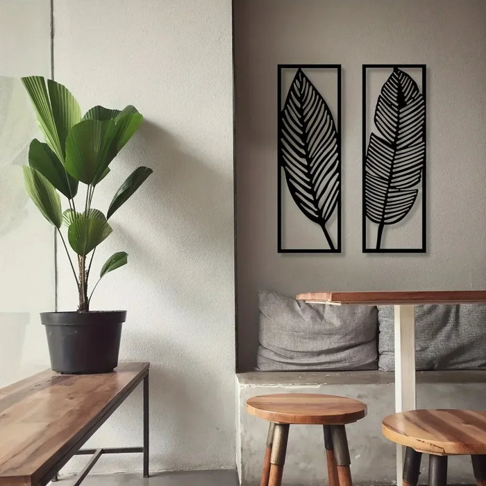 Set of 2 Decorative Metal Leaf Wall Art, Black Iron Hanging Decor
